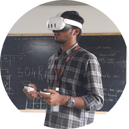 User wearing a headset and trying out a VR Experience in a classroom